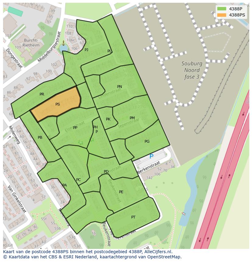 Afbeelding van het postcodegebied 4388 PS op de kaart.