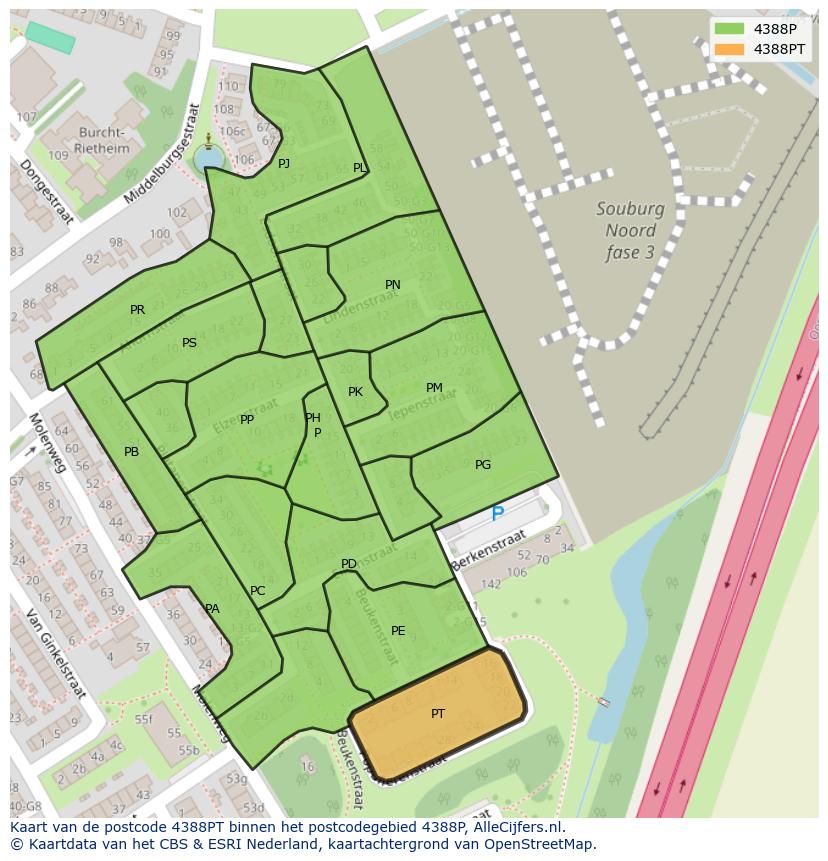 Afbeelding van het postcodegebied 4388 PT op de kaart.
