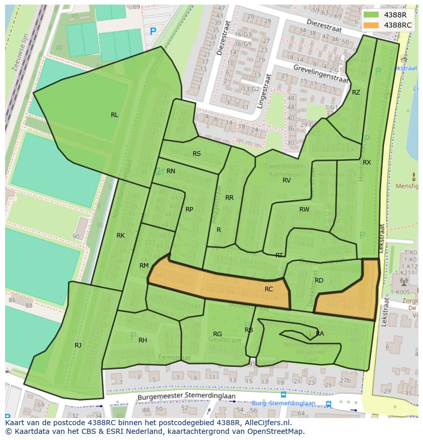 Afbeelding van het postcodegebied 4388 RC op de kaart.