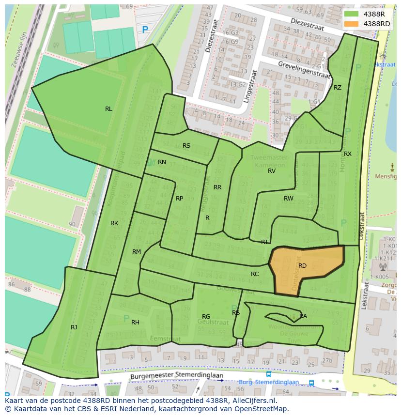 Afbeelding van het postcodegebied 4388 RD op de kaart.
