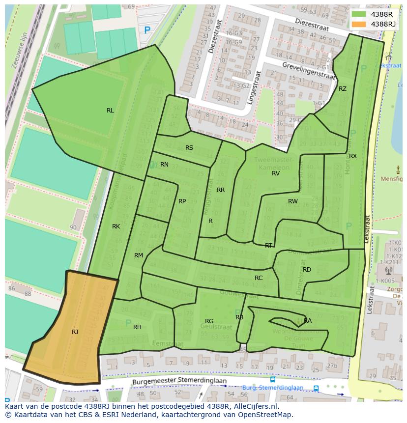 Afbeelding van het postcodegebied 4388 RJ op de kaart.