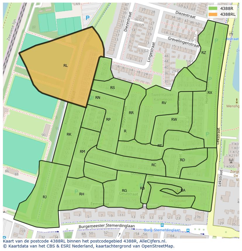 Afbeelding van het postcodegebied 4388 RL op de kaart.