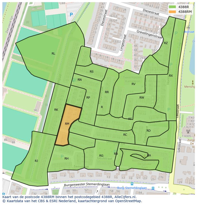 Afbeelding van het postcodegebied 4388 RM op de kaart.