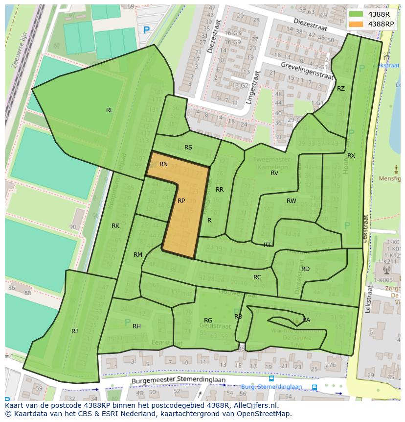 Afbeelding van het postcodegebied 4388 RP op de kaart.