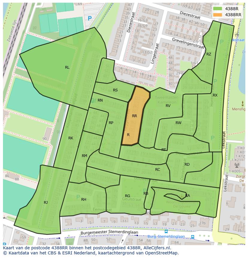 Afbeelding van het postcodegebied 4388 RR op de kaart.