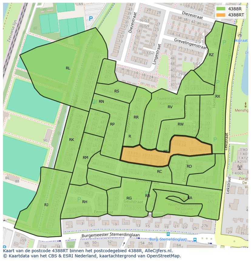 Afbeelding van het postcodegebied 4388 RT op de kaart.