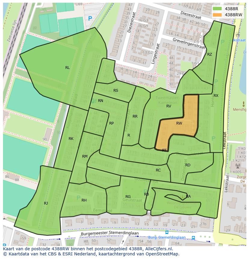 Afbeelding van het postcodegebied 4388 RW op de kaart.