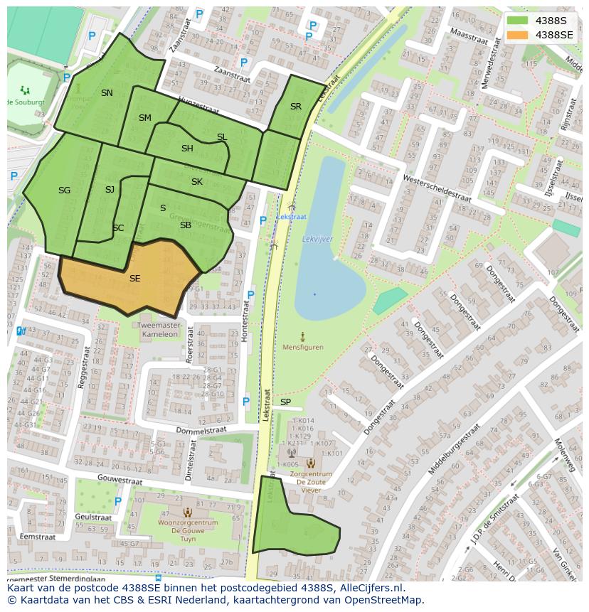 Afbeelding van het postcodegebied 4388 SE op de kaart.