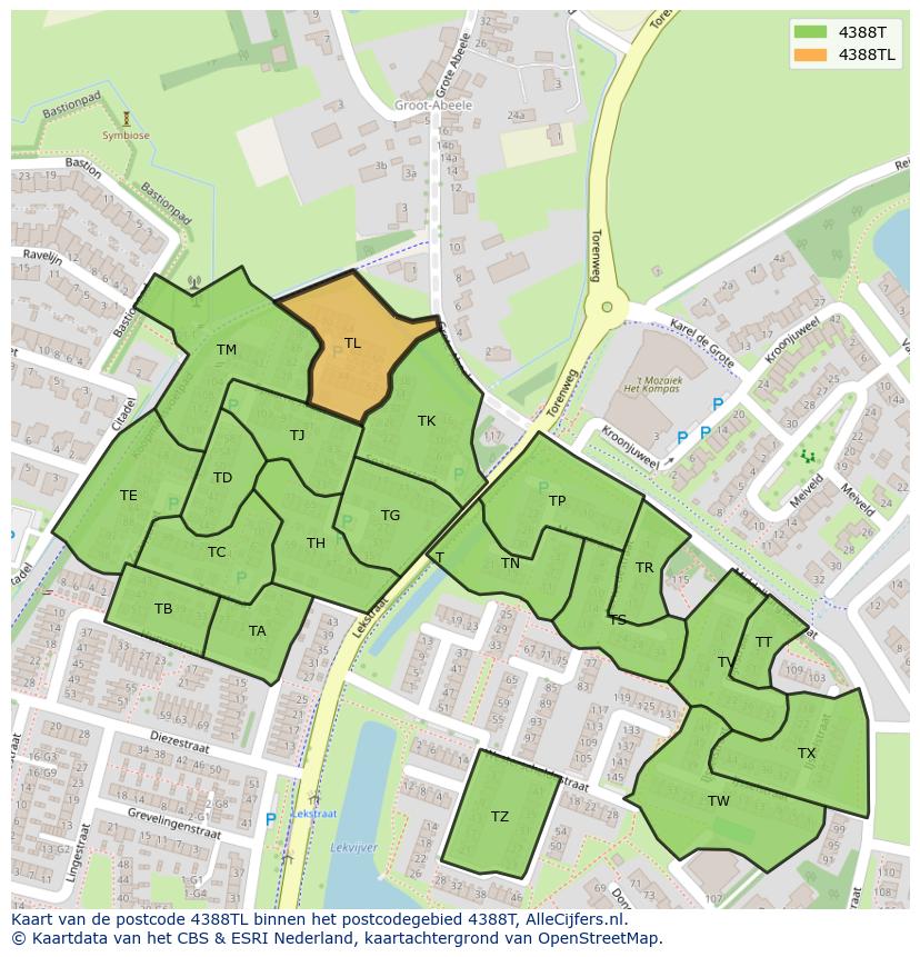 Afbeelding van het postcodegebied 4388 TL op de kaart.