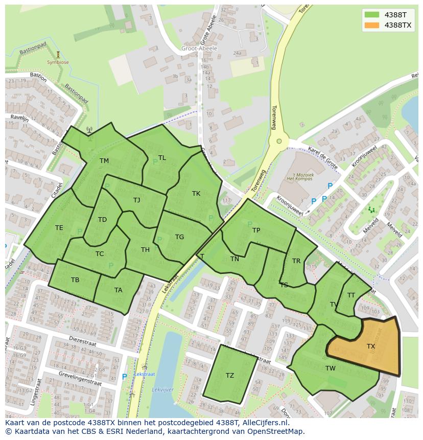 Afbeelding van het postcodegebied 4388 TX op de kaart.