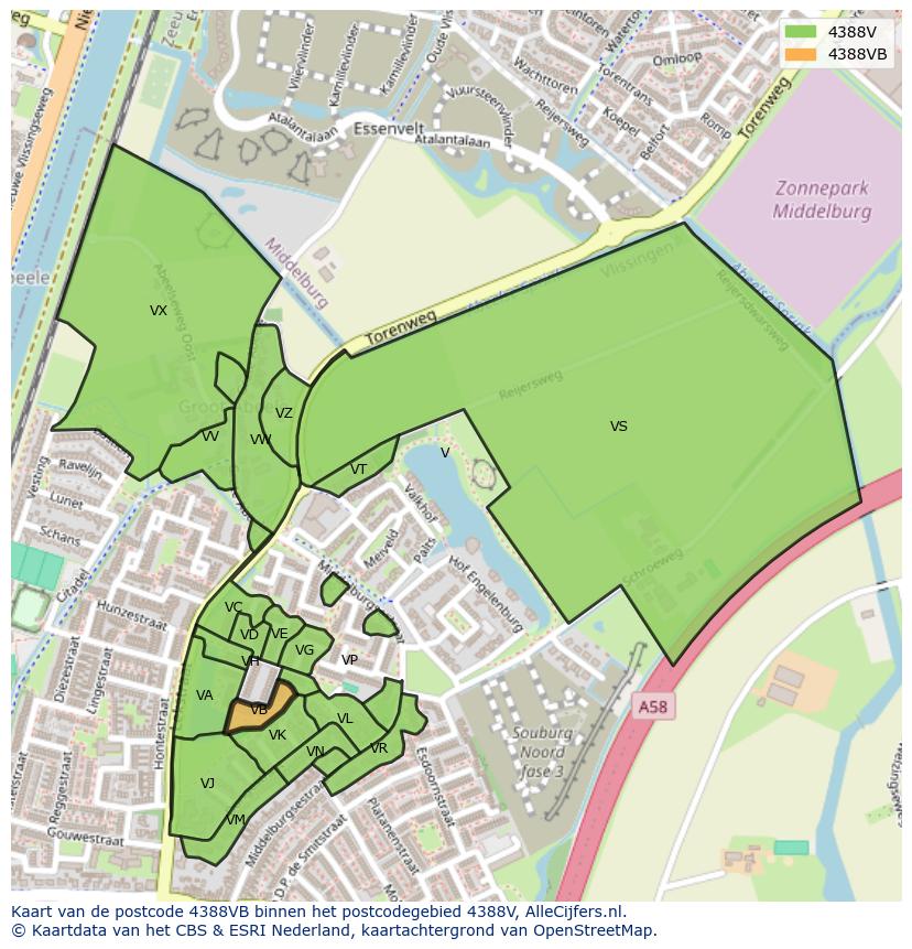 Afbeelding van het postcodegebied 4388 VB op de kaart.