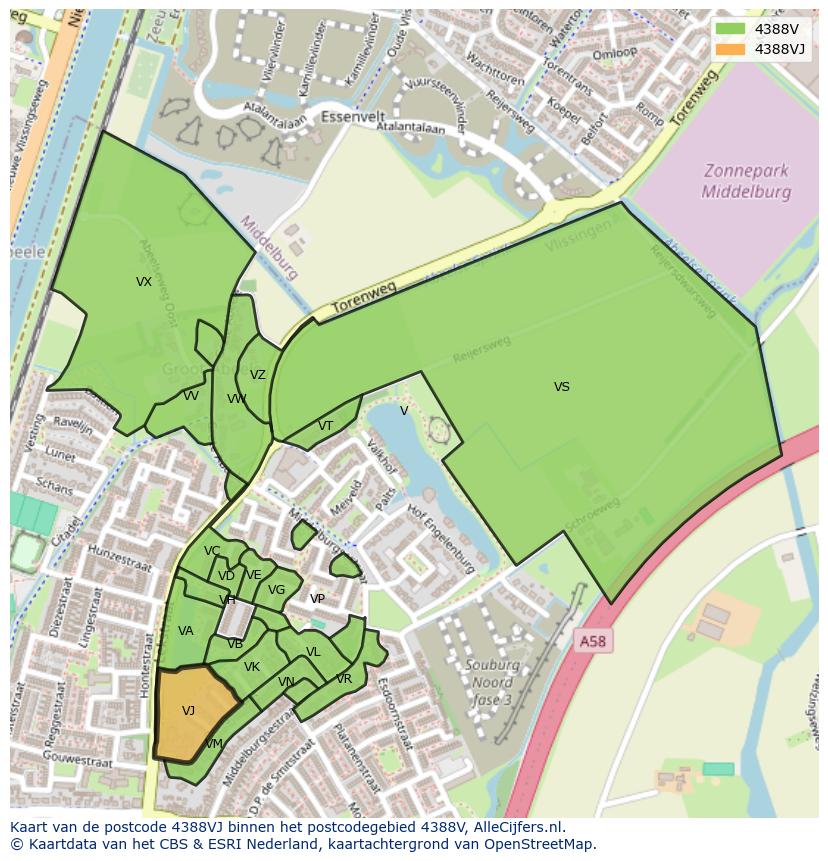Afbeelding van het postcodegebied 4388 VJ op de kaart.