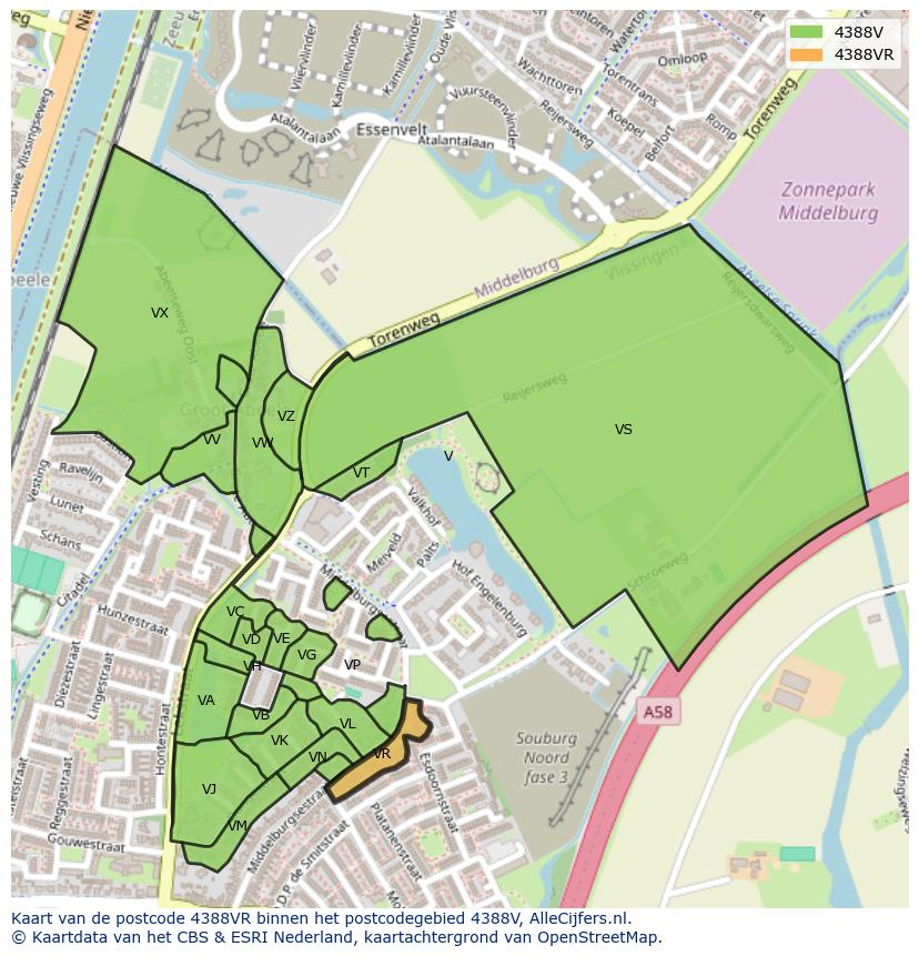 Afbeelding van het postcodegebied 4388 VR op de kaart.