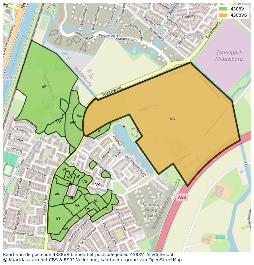 Afbeelding van het postcodegebied 4388 VS op de kaart.