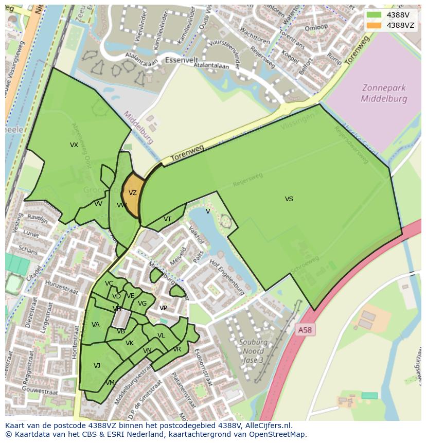 Afbeelding van het postcodegebied 4388 VZ op de kaart.