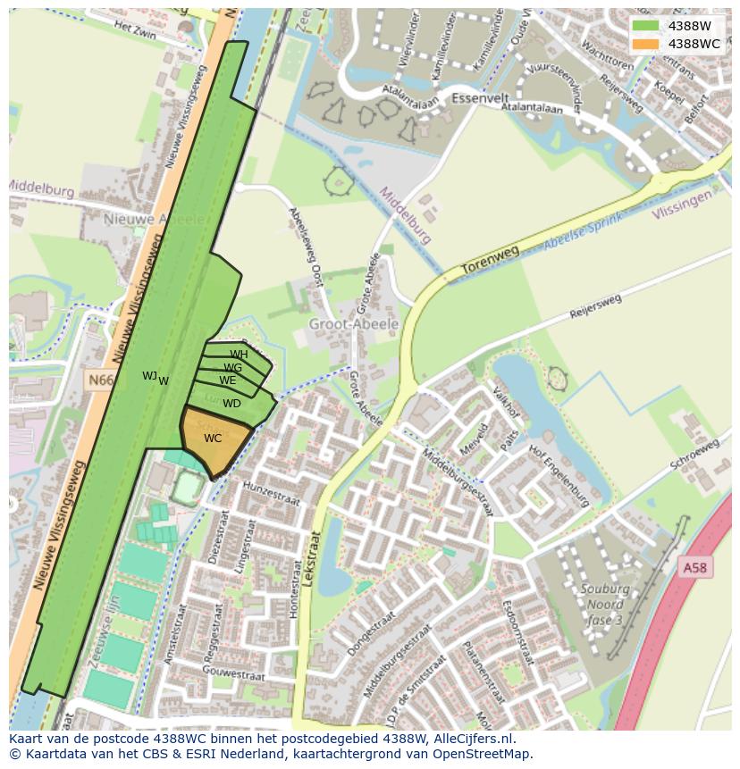 Afbeelding van het postcodegebied 4388 WC op de kaart.