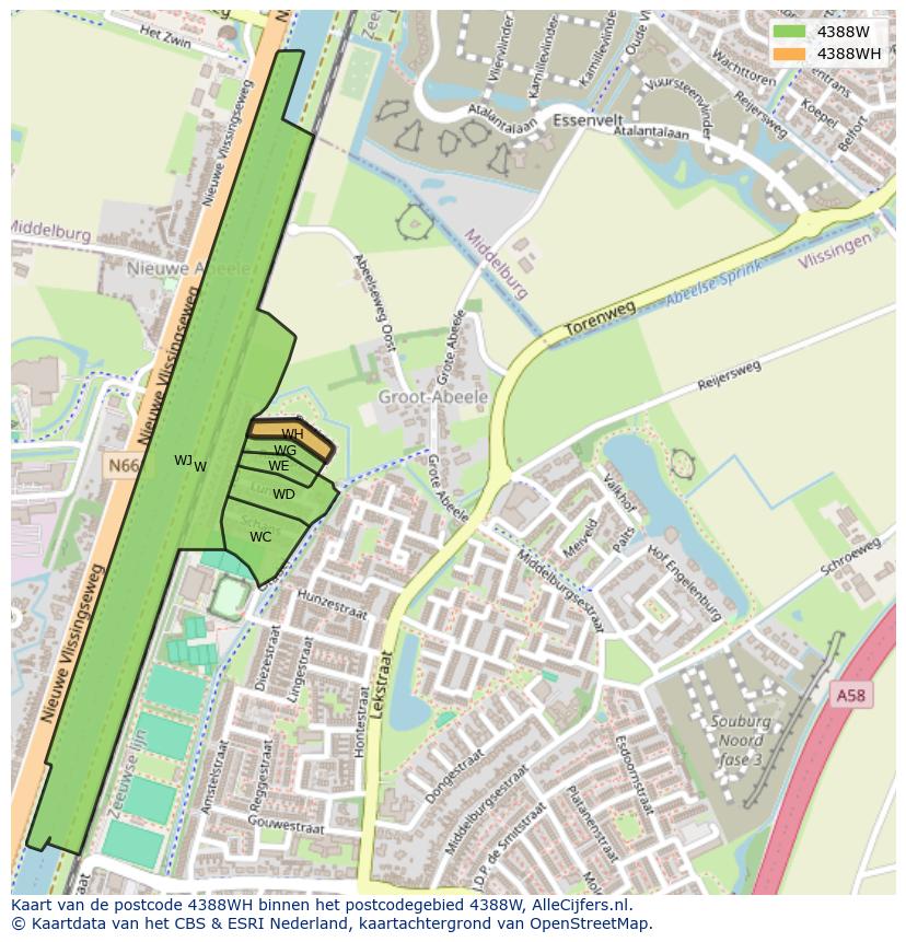 Afbeelding van het postcodegebied 4388 WH op de kaart.