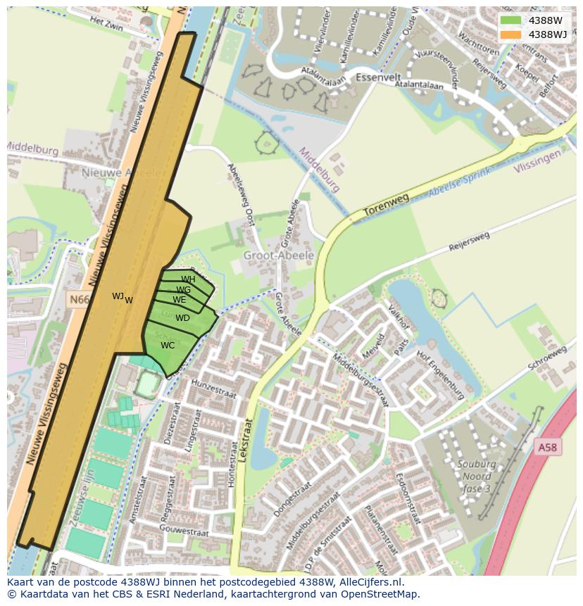 Afbeelding van het postcodegebied 4388 WJ op de kaart.