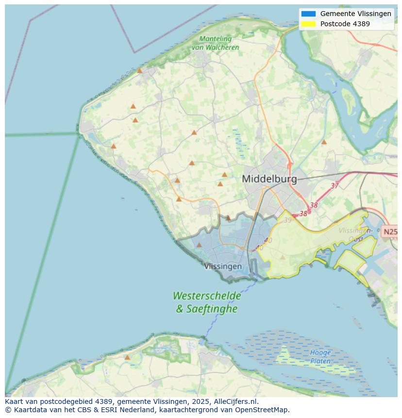 Afbeelding van het postcodegebied 4389 op de kaart.