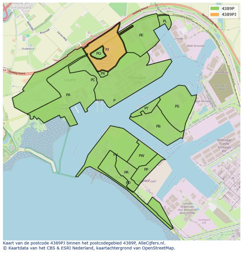 Afbeelding van het postcodegebied 4389 PJ op de kaart.