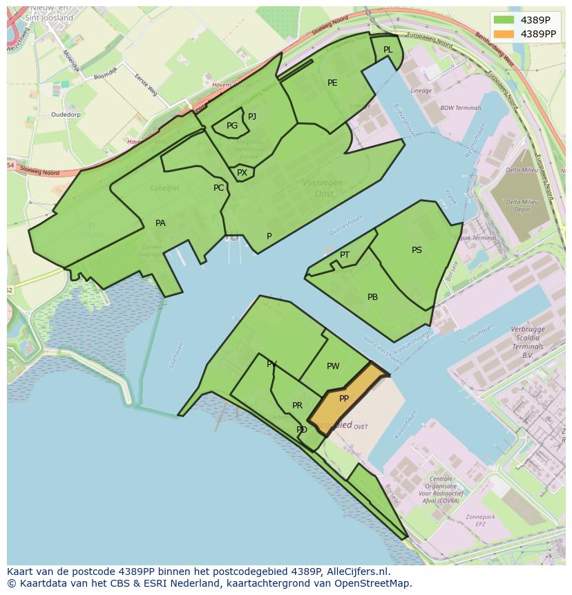 Afbeelding van het postcodegebied 4389 PP op de kaart.