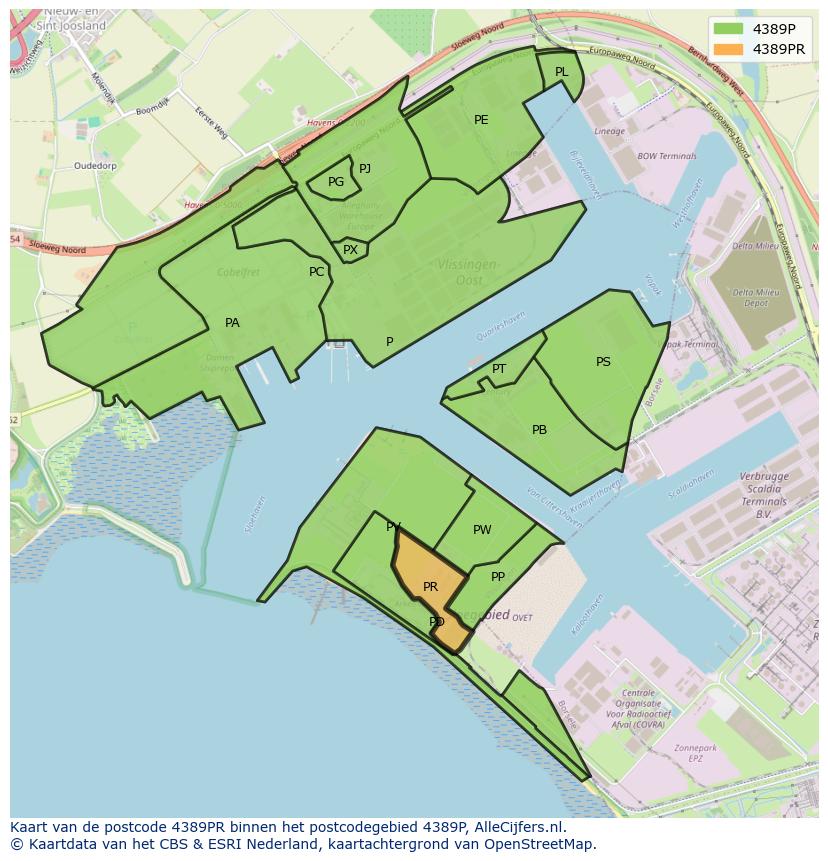 Afbeelding van het postcodegebied 4389 PR op de kaart.