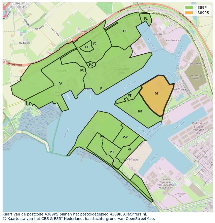 Afbeelding van het postcodegebied 4389 PS op de kaart.