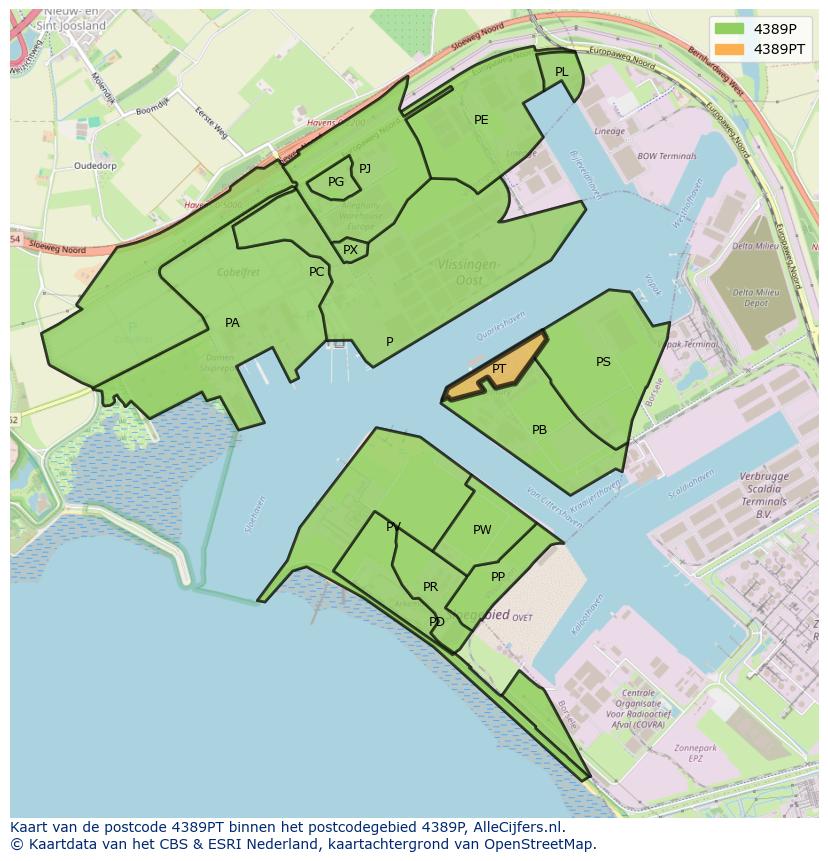 Afbeelding van het postcodegebied 4389 PT op de kaart.