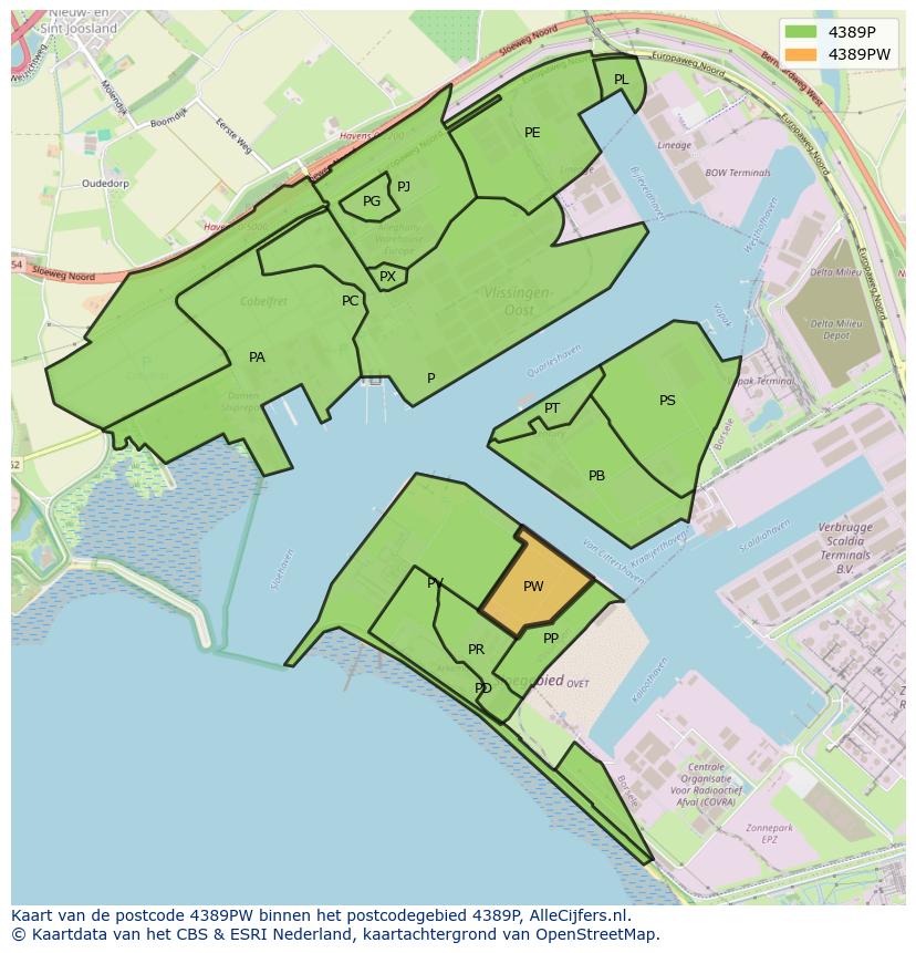 Afbeelding van het postcodegebied 4389 PW op de kaart.