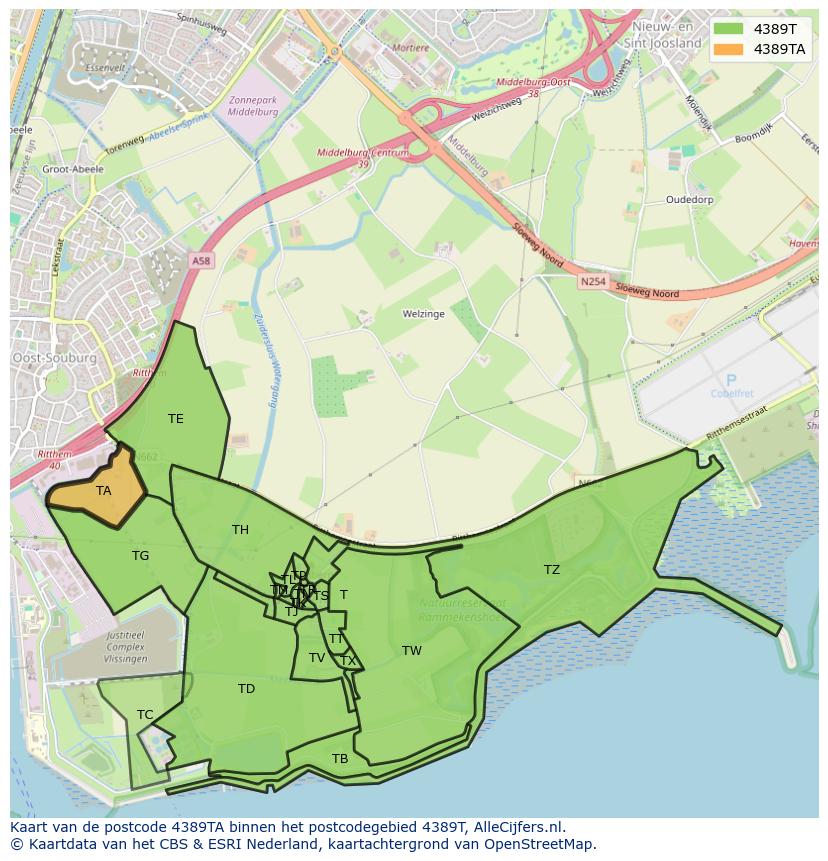 Afbeelding van het postcodegebied 4389 TA op de kaart.