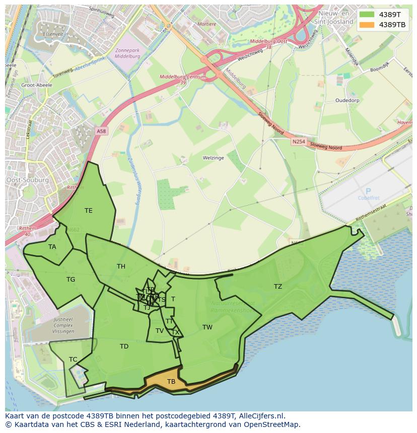 Afbeelding van het postcodegebied 4389 TB op de kaart.