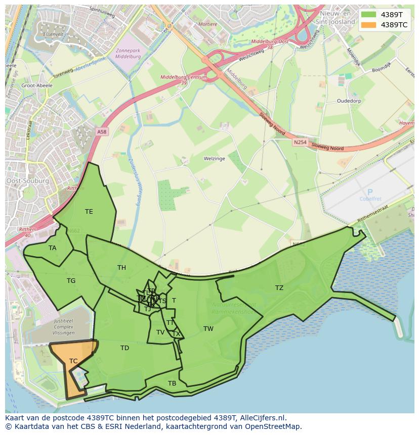 Afbeelding van het postcodegebied 4389 TC op de kaart.