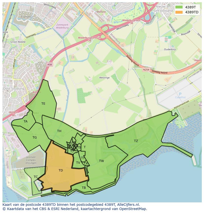 Afbeelding van het postcodegebied 4389 TD op de kaart.
