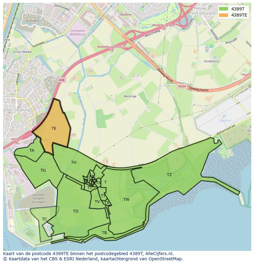 Afbeelding van het postcodegebied 4389 TE op de kaart.