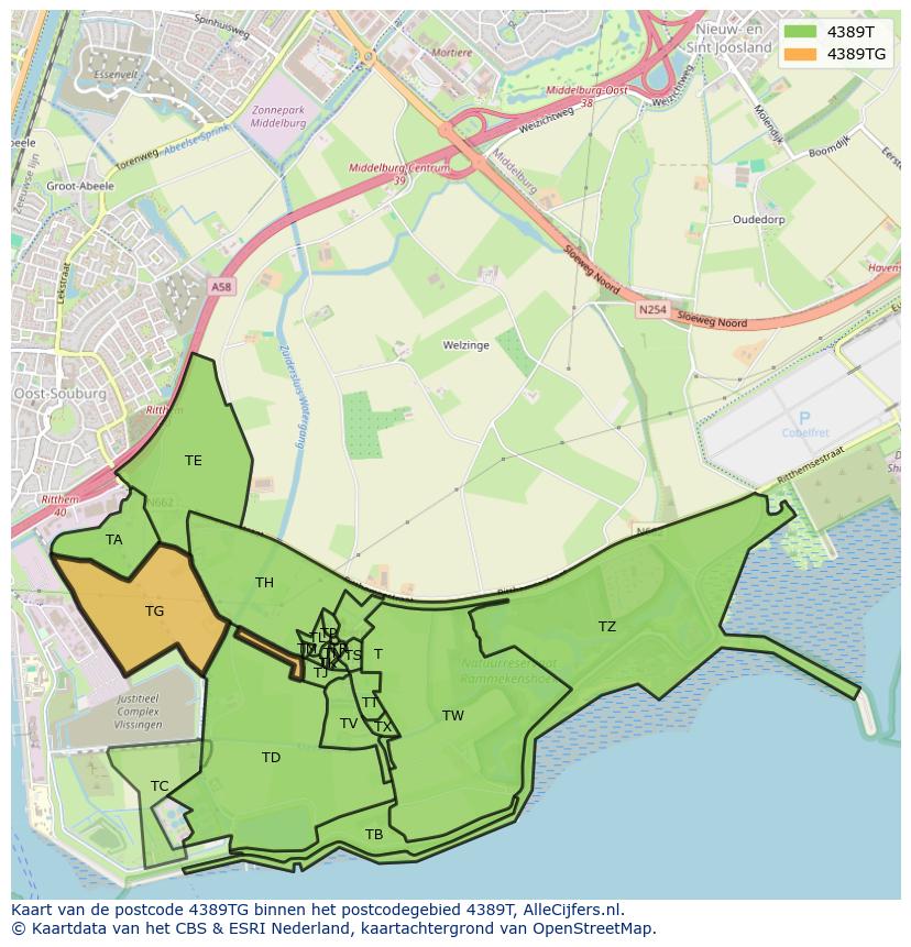 Afbeelding van het postcodegebied 4389 TG op de kaart.