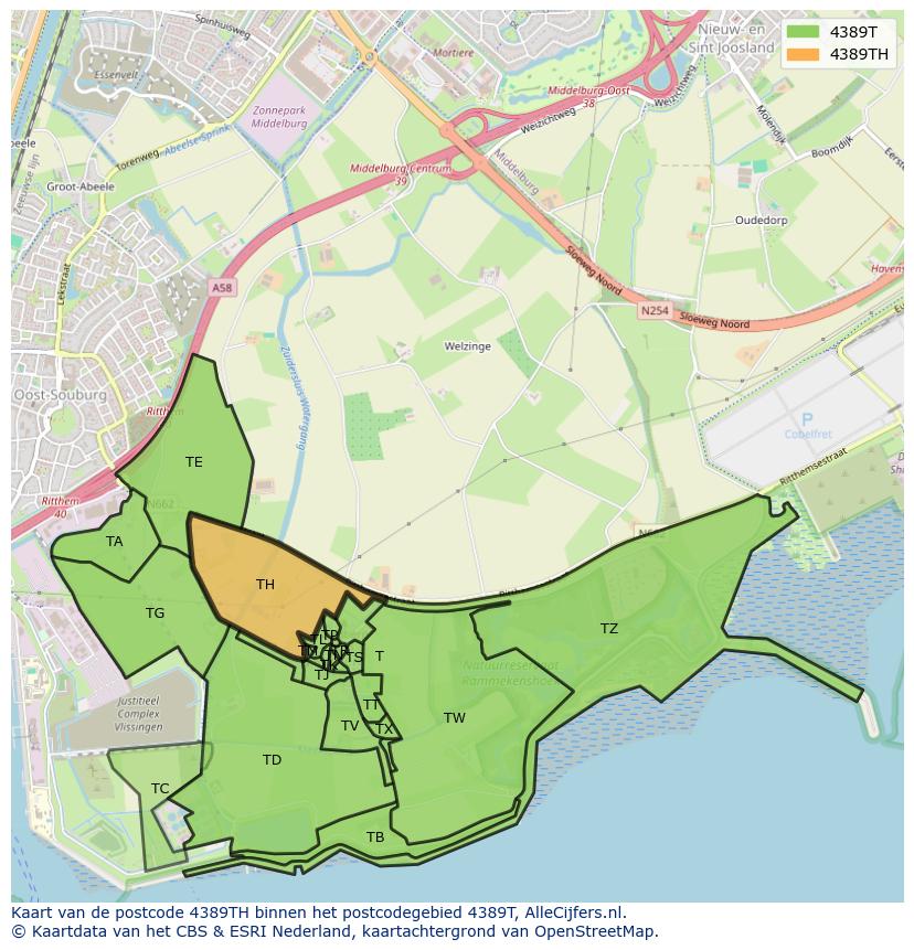 Afbeelding van het postcodegebied 4389 TH op de kaart.
