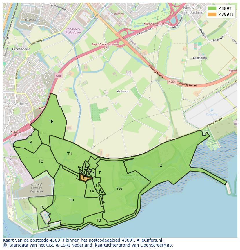 Afbeelding van het postcodegebied 4389 TJ op de kaart.