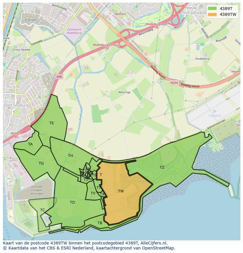 Afbeelding van het postcodegebied 4389 TW op de kaart.