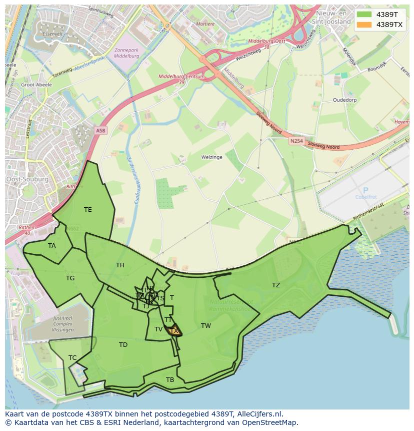 Afbeelding van het postcodegebied 4389 TX op de kaart.