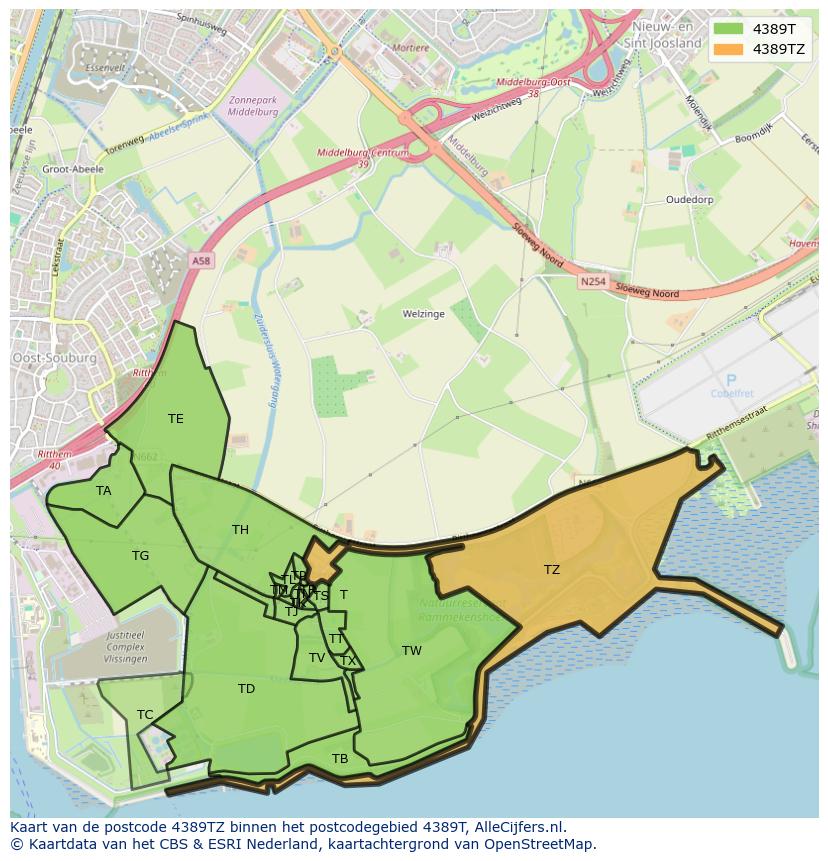 Afbeelding van het postcodegebied 4389 TZ op de kaart.