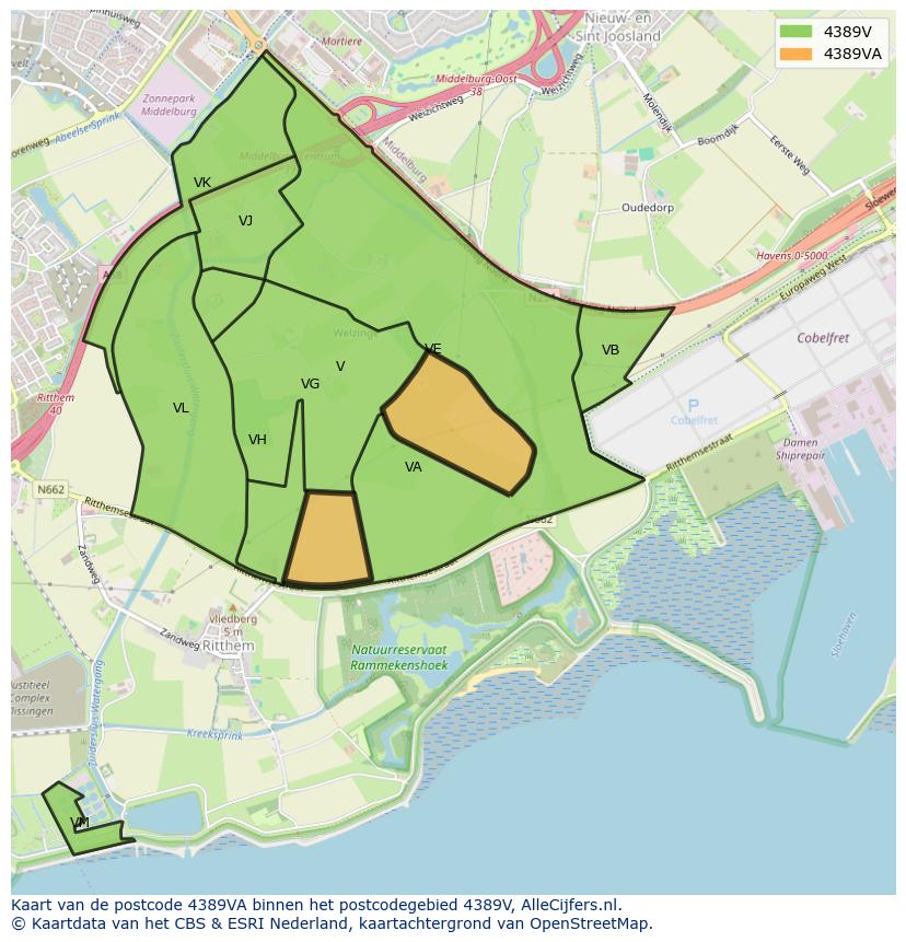 Afbeelding van het postcodegebied 4389 VA op de kaart.