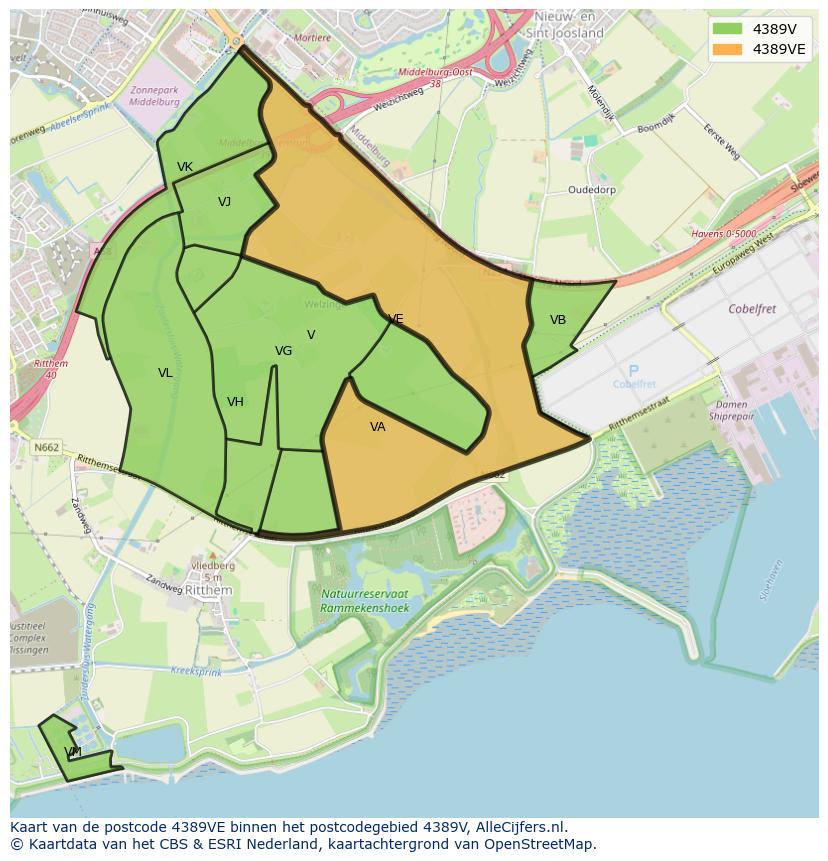 Afbeelding van het postcodegebied 4389 VE op de kaart.