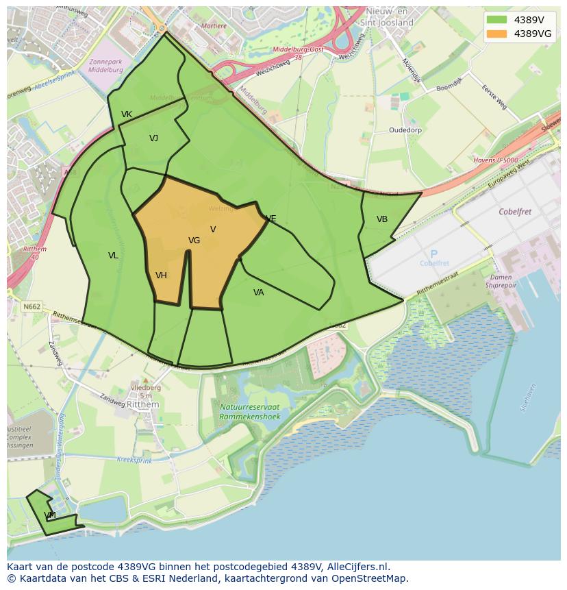 Afbeelding van het postcodegebied 4389 VG op de kaart.