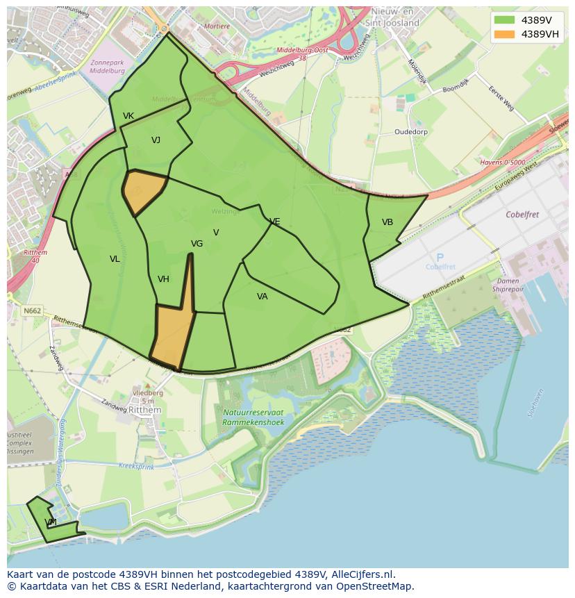 Afbeelding van het postcodegebied 4389 VH op de kaart.