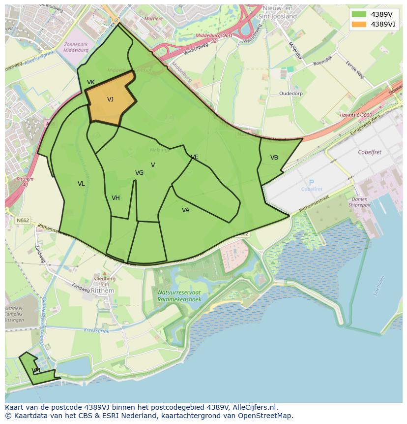 Afbeelding van het postcodegebied 4389 VJ op de kaart.