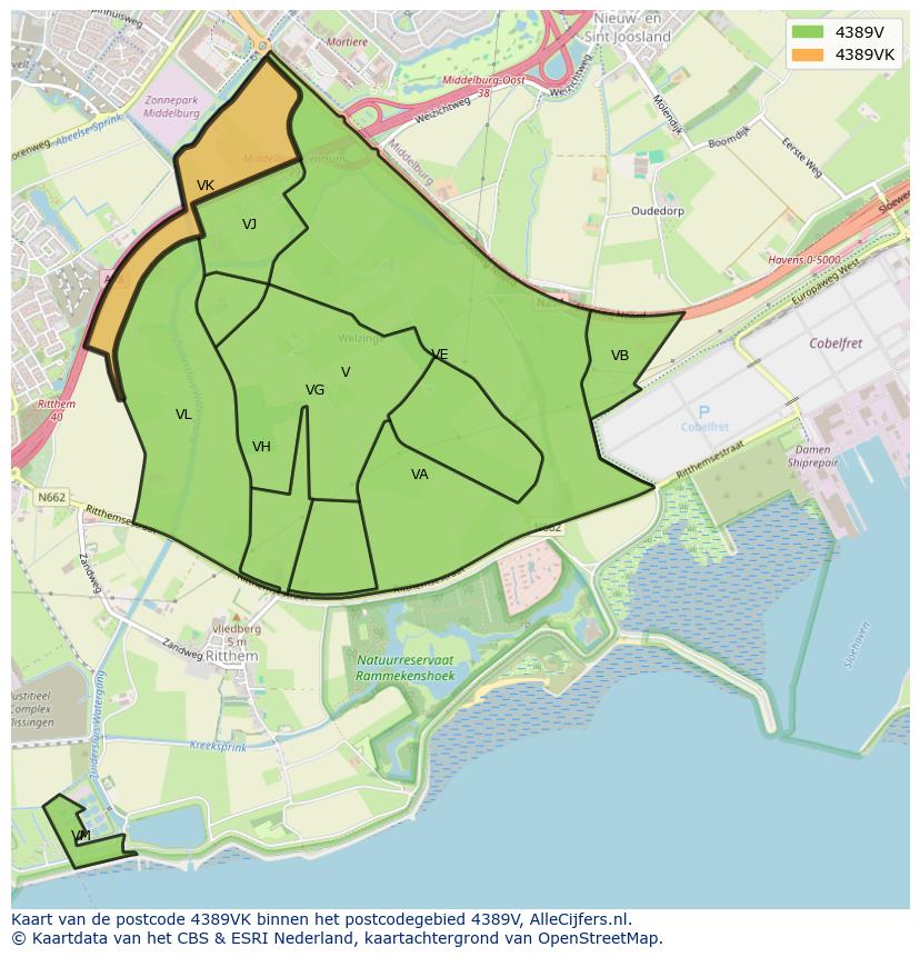 Afbeelding van het postcodegebied 4389 VK op de kaart.