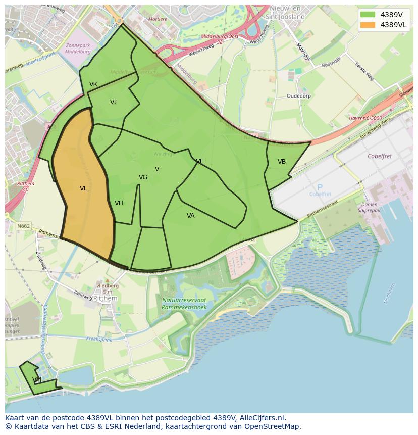 Afbeelding van het postcodegebied 4389 VL op de kaart.
