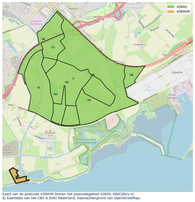 Afbeelding van het postcodegebied 4389 VM op de kaart.