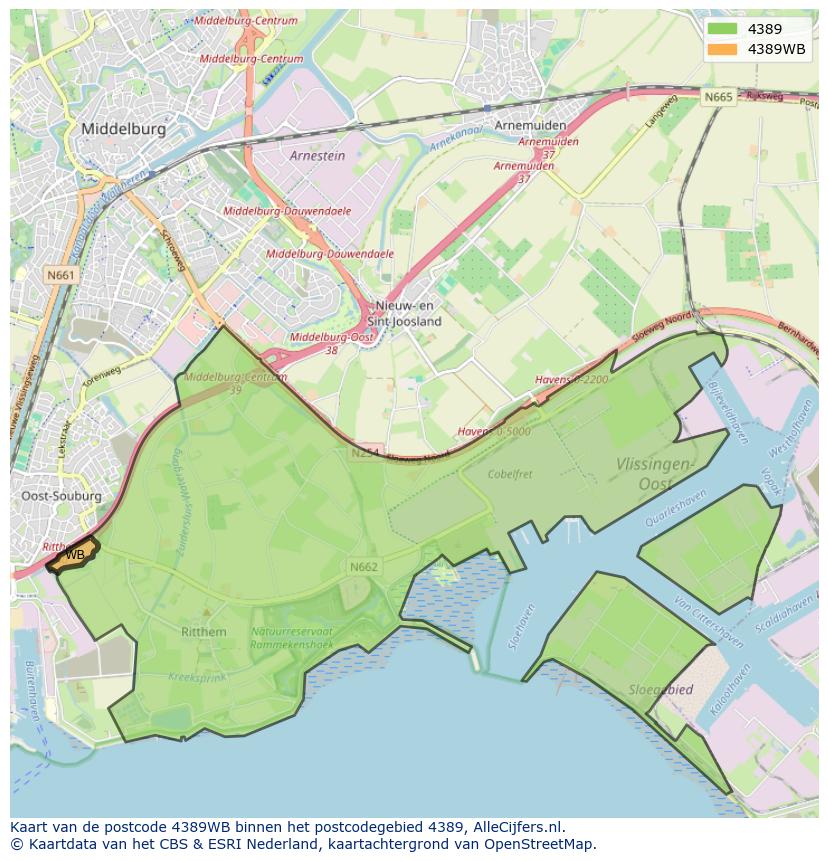 Afbeelding van het postcodegebied 4389 WB op de kaart.