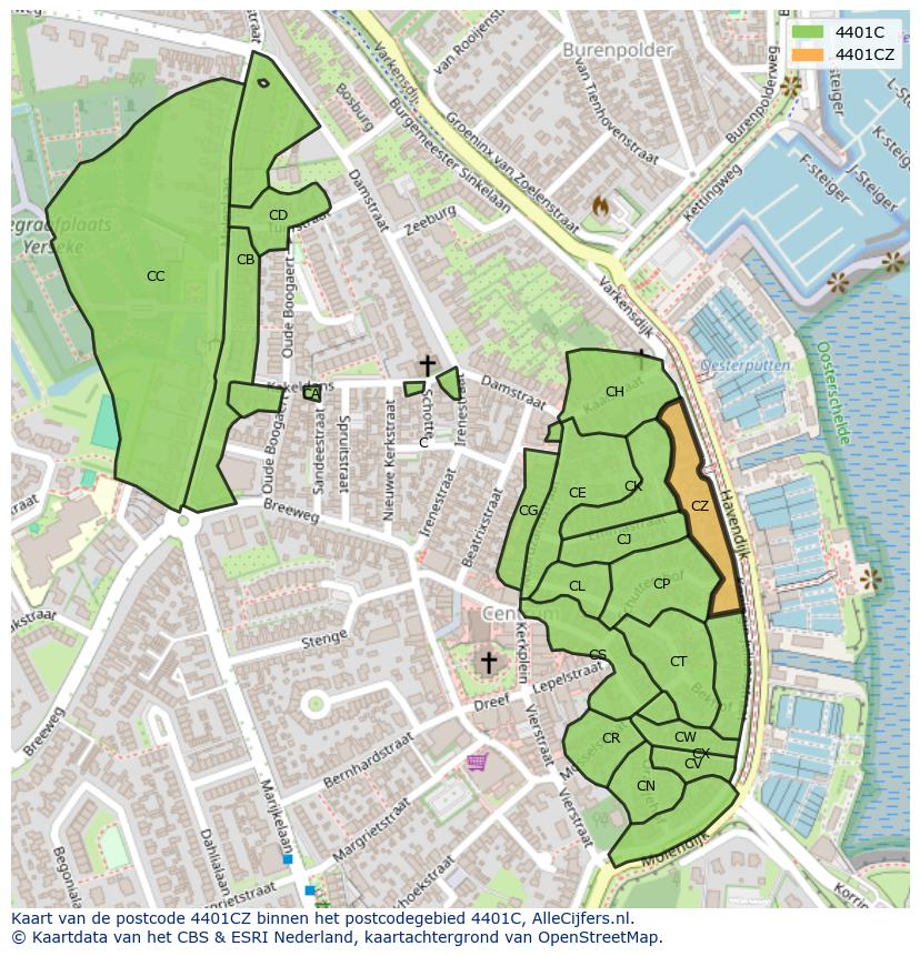 Afbeelding van het postcodegebied 4401 CZ op de kaart.